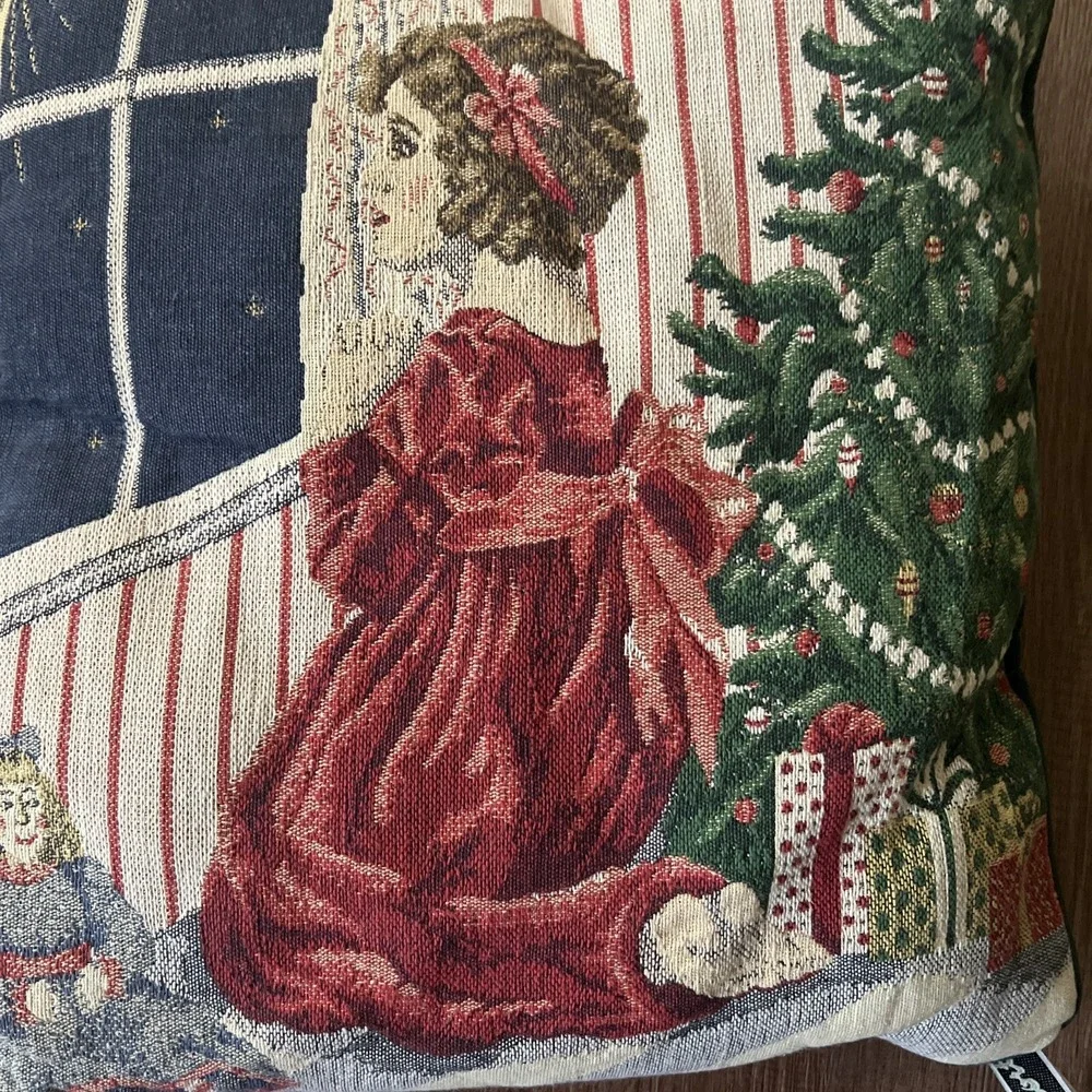 Newport Tapestry Throw Pillow Victorian Girl Praying Christmas Tree Star 15X15